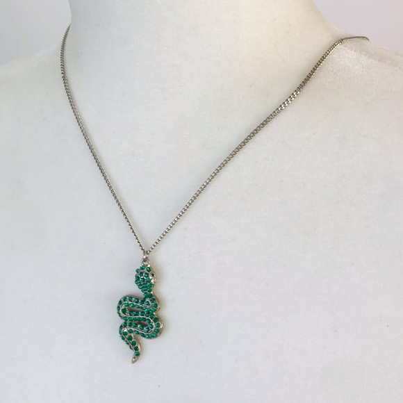 Snake Serpent Green Rhinestone Pendant Necklace 30” - Picture 2 of 6